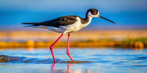 Obraz premium In the coastal shallows, a Pied stilt probes for crabs, elegantly navigating the water’s edge, embodying the beauty