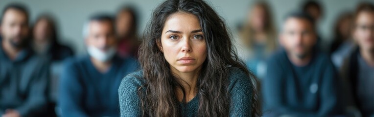 A sad woman sits among participants at a mental health support group meeting