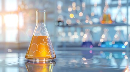 A glass beaker with a yellow liquid in it sits on a table