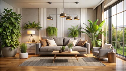 In this cozy minimalist living room, a sleek couch pairs with lush indoor plants, exuding a soothing atmosphere
