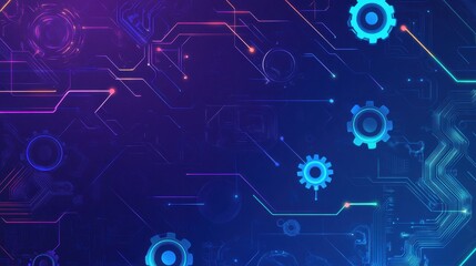 A modern blue background filled with neon lines, gears, and circuit patterns, evoking themes of connectivity and innovation.