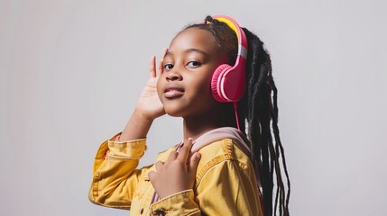 Fototapeta premium Stylish pretty woman wearing headphones listening to music in happy relaxed state.