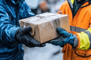 Two individuals dressed in warm clothing, including gloves and jackets, are shown exchanging a package outdoors during winter, emphasizing trust and reliability in delivery services.