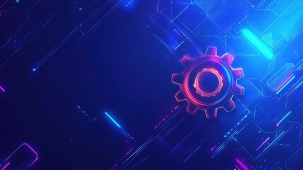 A sleek blue gradient background featuring a prominent gear and neon elements, representing the connection between technology and science.
