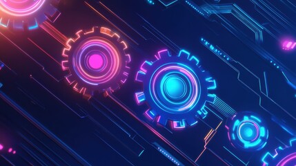 Obraz premium A sleek blue gradient background with interconnected gears and glowing neon circuits, illustrating modern technological processes.