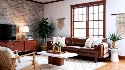 cozy living room with a mid-century modern design