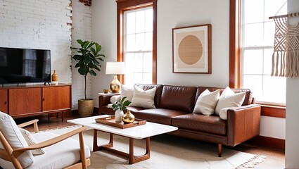 cozy living room with a mid-century modern design