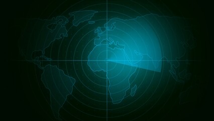 World map radar screen. Radar display showing enemy position. Navigation radar display.