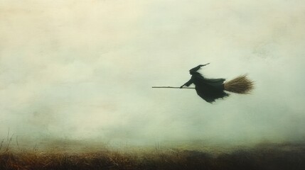 Enigmatic witch soaring through a misty landscape