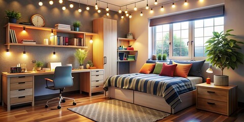 Modern furniture and bold color accents transform this cozy dorm room into a stylish sanctuary, promoting comfort and