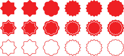 Starburst red sticker set - collection of special offer sale oval and round shaped sunburst labels and badges. Set of red starburst, starburst labels. Black icons on white background.