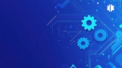A smooth gradient blue background featuring circuit patterns, abstract shapes, and a prominent gear, representing technological processes.