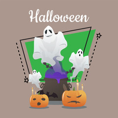 Ghosts, cauldron with potion, flying bats, pumpkins with candles on abstract background. Halloween lettering and calligraphy. Celebration, party, holiday concept. Vector illustration for banner design