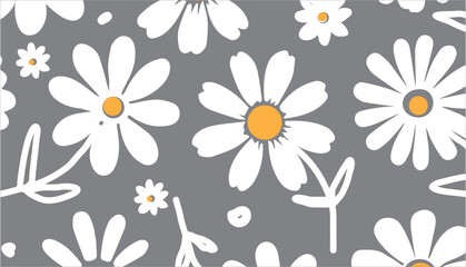 Daisy flowers pattern gray brush flowers,Hand drawn botanical flowers.Geunge floral elements,Ink drawing wildflower.