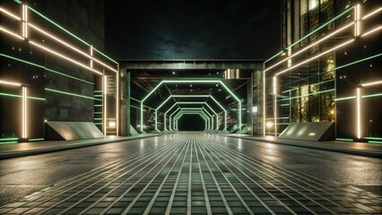 Fototapeta premium 3d technology abstract neon light background, empty space scene, spotlight, dark night, virtual reality, cyber futuristic sci-fi background, street floor studio for mock up. colored geometric.