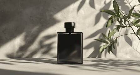 mockup of a plain black perfume bottle neatly placed on a podium on a neutral background