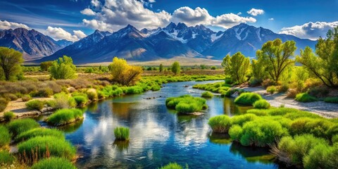 Naklejka premium Owens River in California features a stunning blend of lush greenery and majestic mountains, offering a serene and captivating view of natural splendor.
