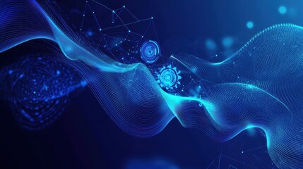 A visually striking blue background with flowing lines, abstract shapes, and a prominent gear, highlighting technological advancement.