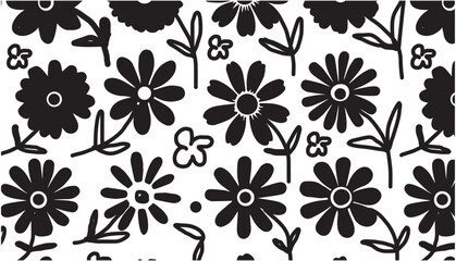 Seamless pattern with black brush flowers,Hand-drawn flowers. vector geunge floral elements,Ink drawing wildflower.