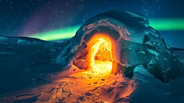 Atmospheric time-lapse video of a glowing igloo under mesmerizing northern lights