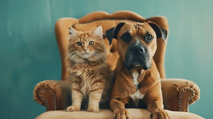 A dog and cat sit on a chair on a blue background