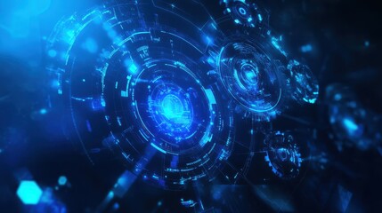 Obraz premium Abstract shapes representing data flows in a smooth blue tone, featuring a prominent gear and glowing neon elements.