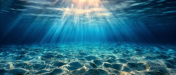 Clear blue underwater ocean. Underwater background, ocean or sea surface seen from under water. Rays of light, abstract marine backdrop. Nature landscape, beams blurred. 4k video