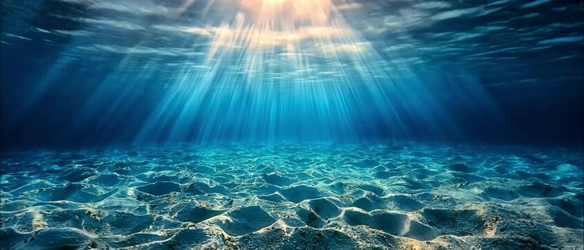 Clear blue underwater ocean. Underwater background, ocean or sea surface seen from under water. Rays of light, abstract marine backdrop. Nature landscape, beams blurred. 4k video