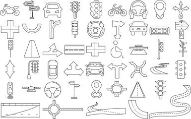 highway Road sign and traffic icon set for logo and T-Shirt. Thin line art editable stroke.