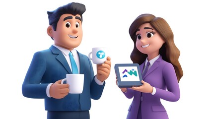 Fototapeta premium 3D cartoon, two people talking with coffee mugs and laptops in their hands