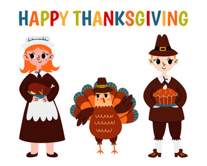 Fototapeta premium Happy Thanksgiving. Set cute pilgrim people with harvest and turkey. Vector cartoon illustration for print.