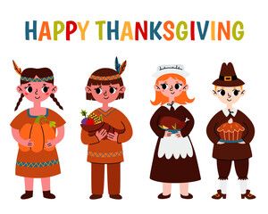 Happy Thanksgiving. Set cute indian and pilgrim people with harvest. Vector cartoon illustration for print.