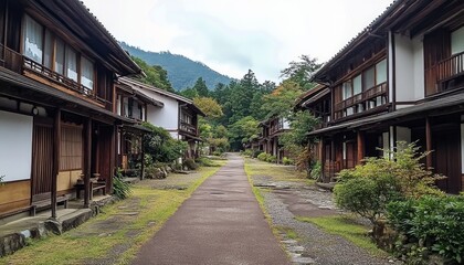 Traditional Japanese Village. Wooden Houses in the Mountains. Rural Japanese Landscape. Traditional Japanese Architecture.