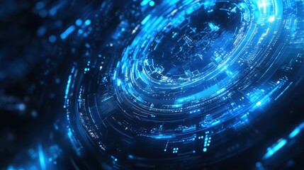 Obraz premium An engaging blue background with flowing lines, gears, and neon circuits, creating a sense of high-tech movement.