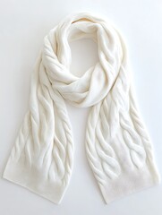 Obraz premium White Cable Knit Scarf on a White Background.