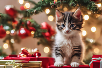 A kitten in front of the Christmas tree sits on gift boxes