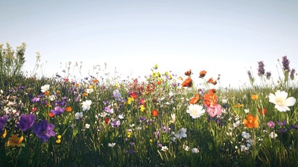 Obraz premium A vibrant meadow with a variety of colorful wildflowers in bloom against a clear blue sky.