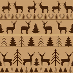 Deer and trees in brown tones seamless pattern