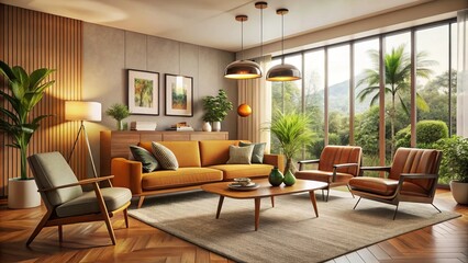 This elegant living room showcases Mid-Century Modern style through tasteful furniture and a warm color palette,