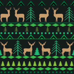 Colorful deer and trees on dark seamless pattern