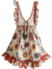 White Summer Dress with Floral Print and Ruffles.