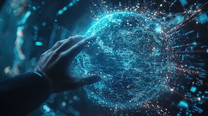 Futuristic AI-powered hologram gear showing global networks and data connections for business and work.