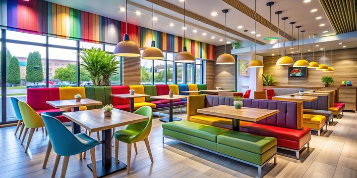 This fast food establishment combines modern interior design with colorful seating and energetic decor, providing a fun