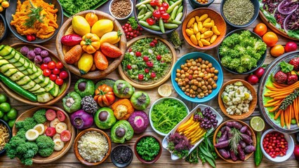 Fototapeta premium Vibrant vegan buffet featuring an array of fresh fruits, colorful vegetables, and delectable plant-based dishes, perfect for a delightful and healthy dining experience.