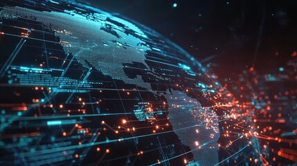 Fototapeta premium Futuristic AI-powered hologram tools displaying real-time global network connections and seamless data.