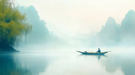 A person is rowing a small boat on a serene, misty lake surrounded by soft, rolling hills and lush greenery.