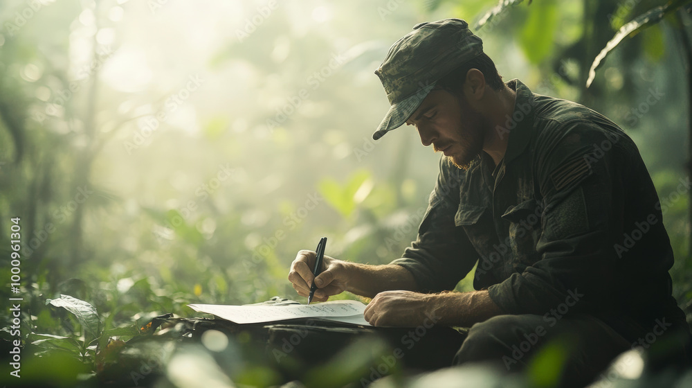 Canvas Prints a lone soldier pensively writes a letter home in a hidden jungle outpost. his expression is soft, ca