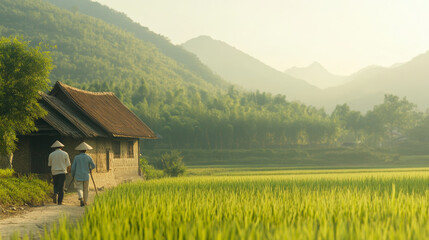Fototapeta premium Vietnamese villagers quietly rebuild a war-torn home, with GIs offering silent aid. The resilience and mutual help in the aftermath of conflict are at the heart of this scene