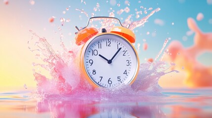 A clock melting into a pool of swirling colors, its hands frozen mid stride, representing the distortion of time in dreams.