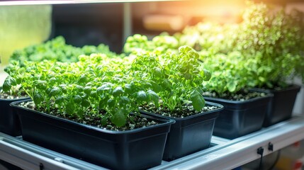 A row of potted plants sit on a shelf
